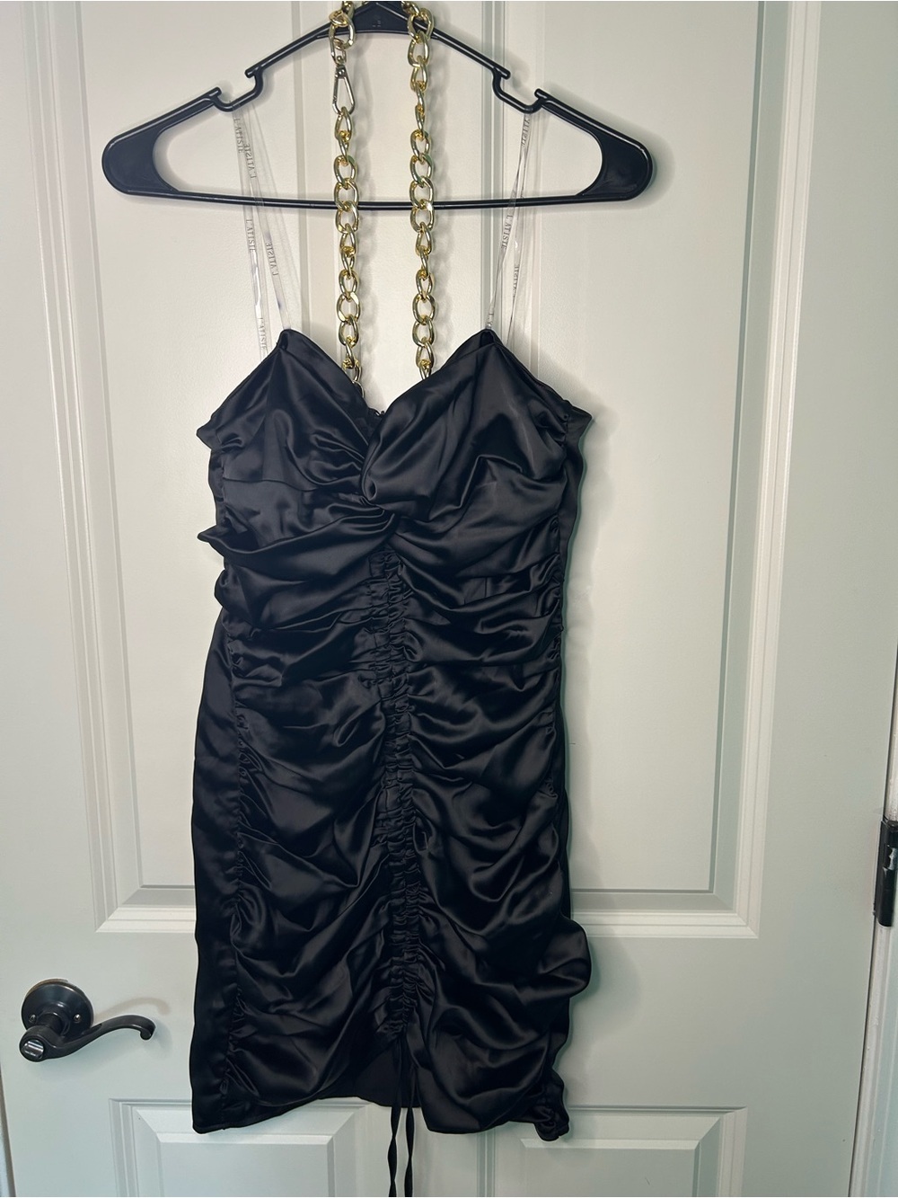L'ATISTE Black Ruched Mini Dress with Gold Chain halter evening wear going out